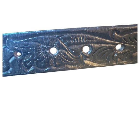 Leather Belt With Embossed Design & Silver Buckle Western Ranch - Picture 3 of 5